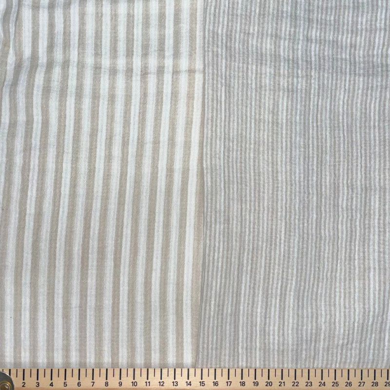 Garngefärbte Doppelgaze STRIPES Kieselstein / Cremeweiß